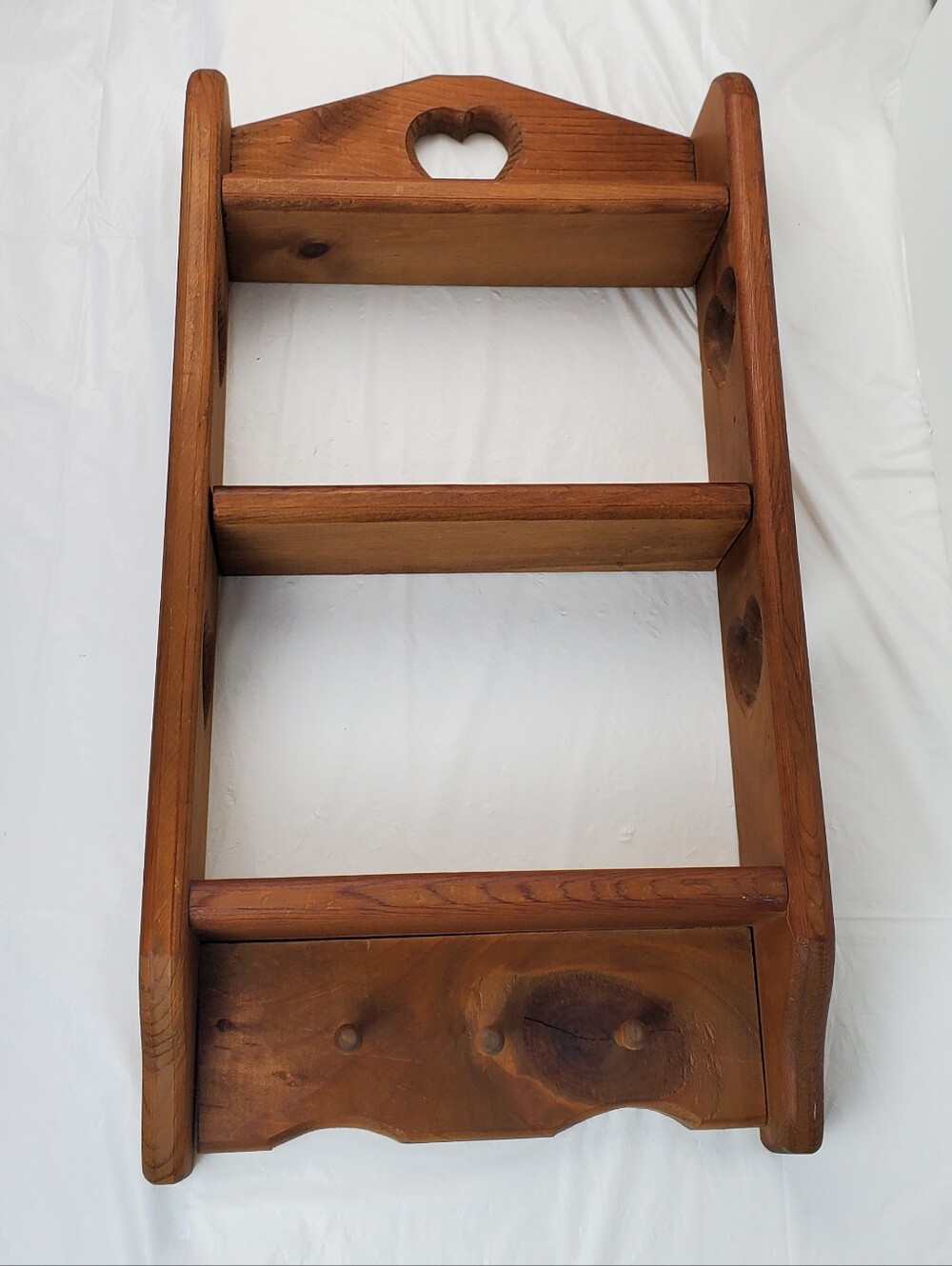 Vintage Wood Wall Shelf 3 Tier 3 Peg Heart Cutouts Cottagecore Farmhouse - GUC